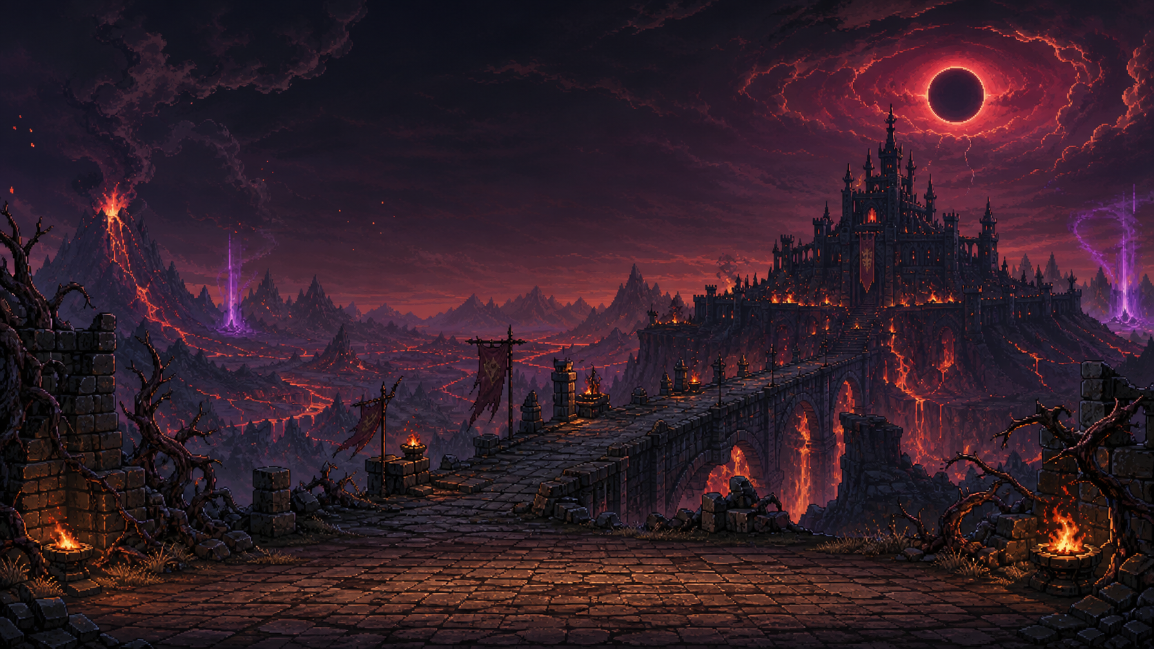 The ruined road to the Wyrm-King's fortress beneath a blood-red eclipse.